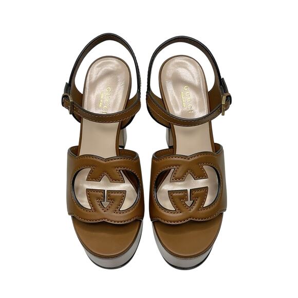 Gucci Cutout Interlocking G 36.5/ US 6.5 Platform Sandal Dark Brown Leather NIB - Picture 8 of 15